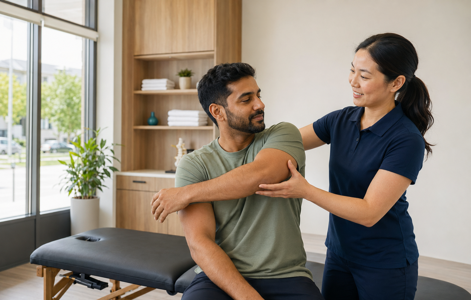 Physiotherapist guiding a patient through a shoulder mobility exercise